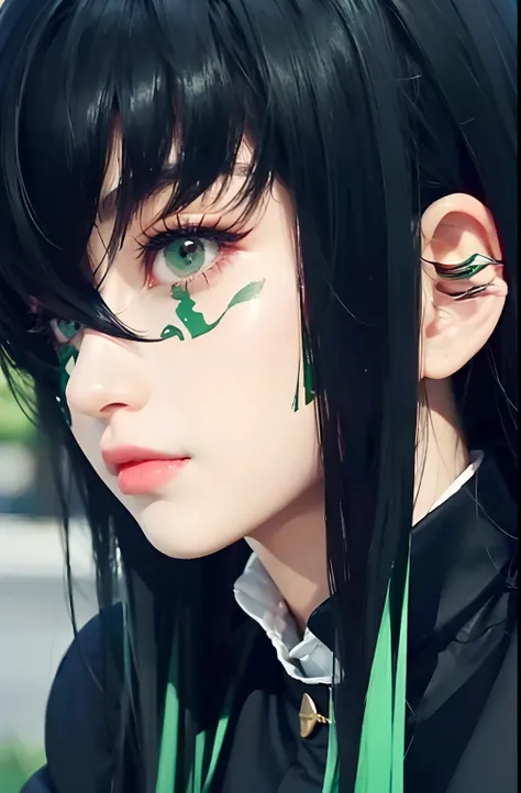 A girl with realistic green black hair,Exactly the same hair style, realistic green eyes, realistic Korean beautiful face, realistic sharp gaze, realistic cool expression Adapt exact clothing, realistic light, realistic shadows, realistic background