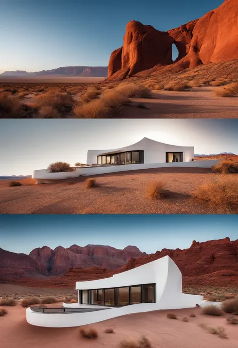 Curvilinear white house, black windows, red rock desert, clear sky, background mountains, 4K