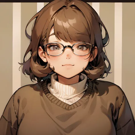 chubby person looking at camera, androgynous features and wearing glasses and a olive and brown striped sweater with a soft smile on their face. hair is wolf cut esque and dark brown. eyes slant down a little more