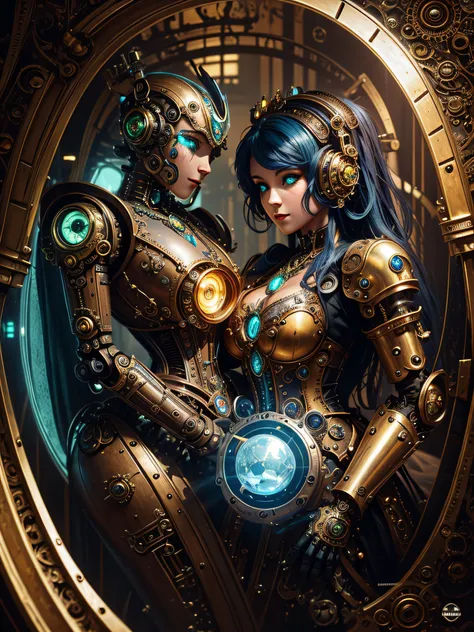 a Robot beautiful steampunk princess hugs a steampunk Robot, all in very detailed steampunk style, dynamic light, beautiful, H.R.Giger , Jules Verne, HZ Steampunk with green and blue colors