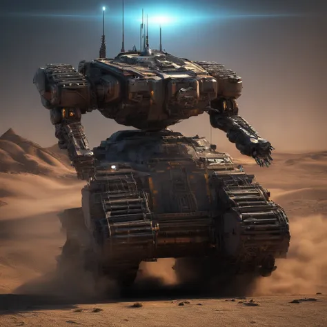 Giant tank, medium robot soldiers, desert scape