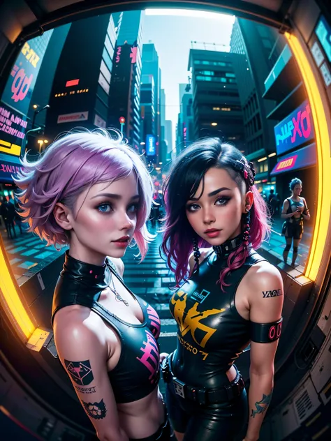 ((25 year old cyberpunk girls in a colorful Harajuku pop outfit)), ((((fisheye lens)))), Cowboy shot, the wind, Real Pile, big blue eyes, 8K, a perfect face, the perfect body, messy  hair, Highly detailed eyes, Highly detailed face, ((Cyberpunk 2077 citysc...