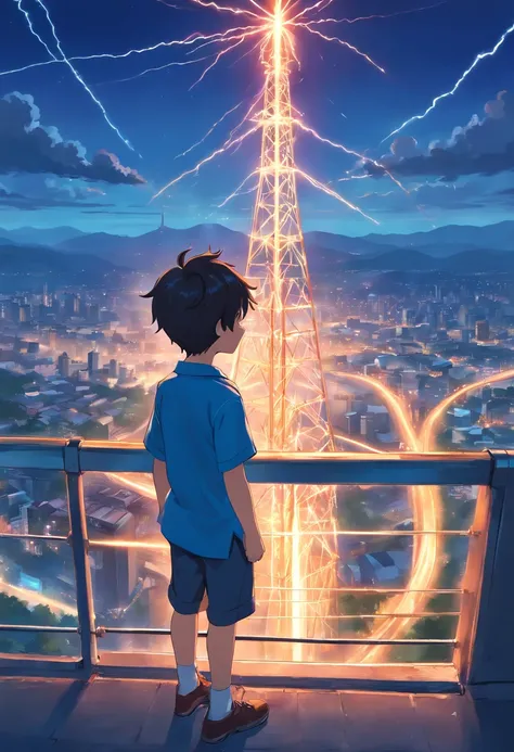 Cute little boy in short-sleeved blue shirt looking at the high voltage tower hill and the city in the distance