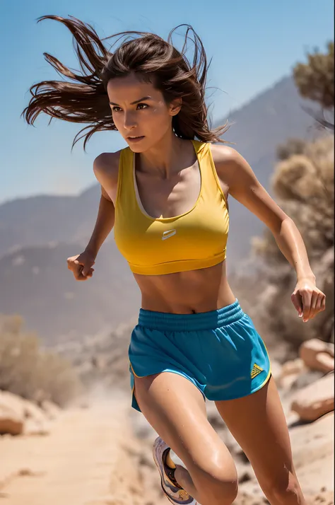 Full shot, full body portrait, an athletic brunette woman with large breasts, (running in a rocky, barren desert), wearing running shorts, crop top, running shoes, hair blowing in wind, confident determined expression, tan skin, deep tan, hot sun, brutal h...