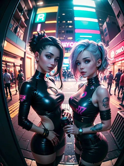 ((25 year old cyberpunk girls in a colorful harajuku pop outfit)), ((((fisheye lens)))), cowboy shot, the wind, real pile, big b...