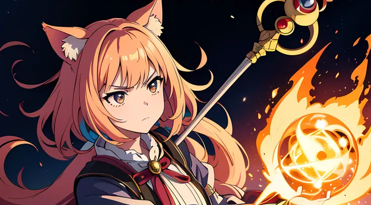 (1 nekomimi girl, without human ears),(beautiful eyes finely detailed, Face to detail, multi colored hair), wearing long dress witch outfit, angry facial expression, holding a mystic staff, she hold mystic staff with flames coming out from her mystic staff...