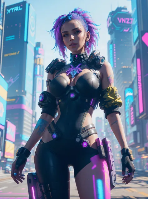 25-year-old cyberpunk girl in a colorful Harajuku pop outfit, Cowboy shot, the wind, Real Pile, big blue eyes, 8K, 1 / 2 body crop, thigh gap, camel toe, a perfect face, the perfect body, messy  hair, Highly detailed eyes, Highly detailed face, ((Cyberpunk...