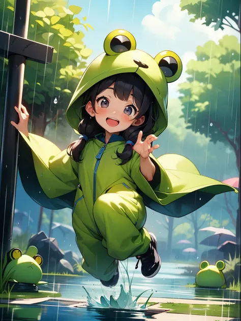 Chibichara、animesque、Frog Costume、Jumping happily、rainfall