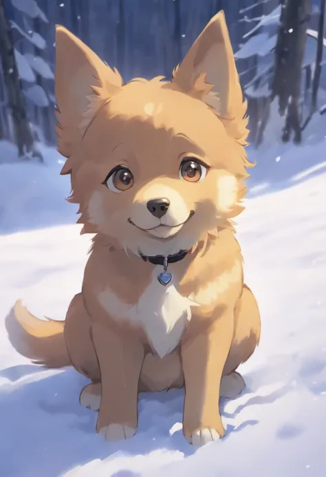 There was a puppy sitting in the snow, o cachorrinho, radiantsmile，Soft winter sun, Winter sun, Winter lights, Winter sunrise cold light, ultra-realistic picture, Portrait of a puppy, cute animal, Cold,hyper HD