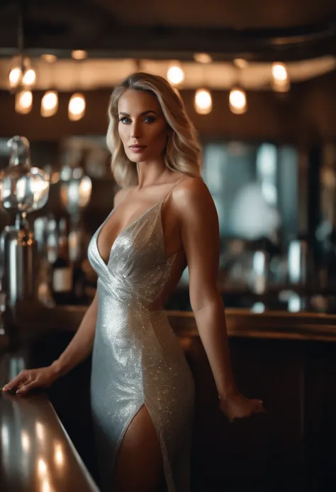 ((Beautiful tanned woman with big breasts in silver dress with low neckline and one leg out)), (Standing in front of the bar),  longue blonde hair, blue eyes ,(((full - body))), open neckline, Front POV video, (Perfect nose), (Perfect lips), diamond neckla...