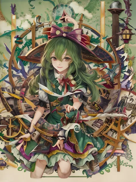 chica anime con cabello verde y ojos verdes de pie frente a una pila de espadas, Obra de arte oficial del proyecto Touhou, Desde Touhou, por Kamagurka, Chica bruja mecanizada, Chica alquimista, Portada de novela ligera, Personaje de Touhou, Desear, Proyect...