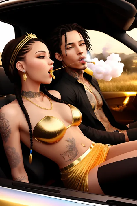 3D Light Skinned Couple, In The Car Background, Male Braids, Female Long Black Hair, Gold Crowns, Gold Chains That Say King And Queen, Male, Tattoos, Both Blowing Smoke Into Each Other Mouth, Hennessy, Hyper Realistic