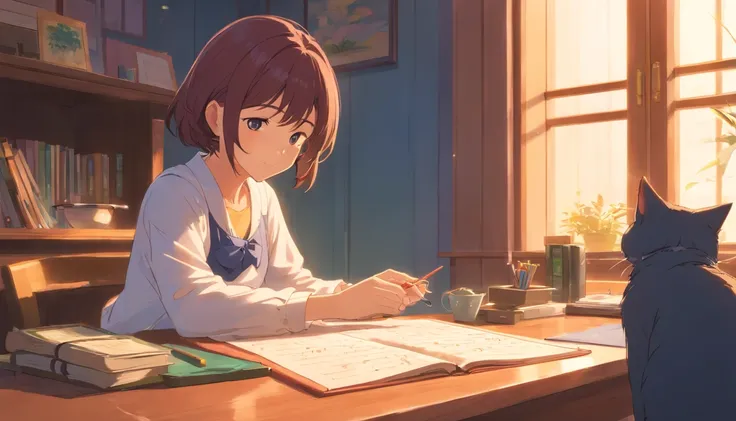 A girl study in table with a cat playing , lofi girl style,(masterpiece), detailed,8k