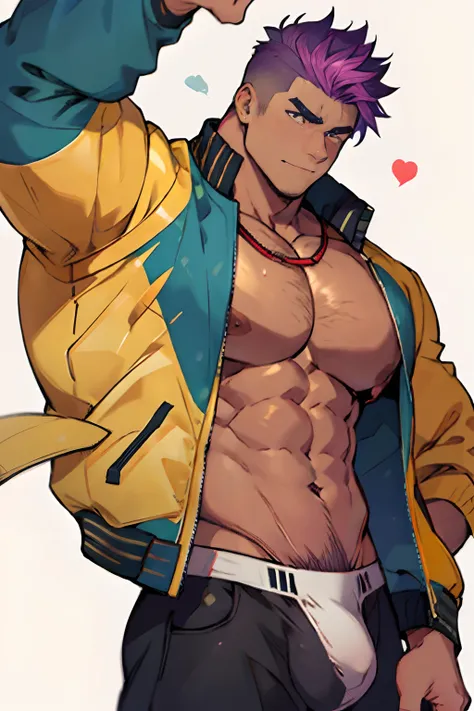 1boy,male focus,jacket,pectorals extremely masculine muscular character, ripped clothes, shirtless, huge bulge, ,solo,shirt,open jacket,open clothes,short hair, rainbow male,