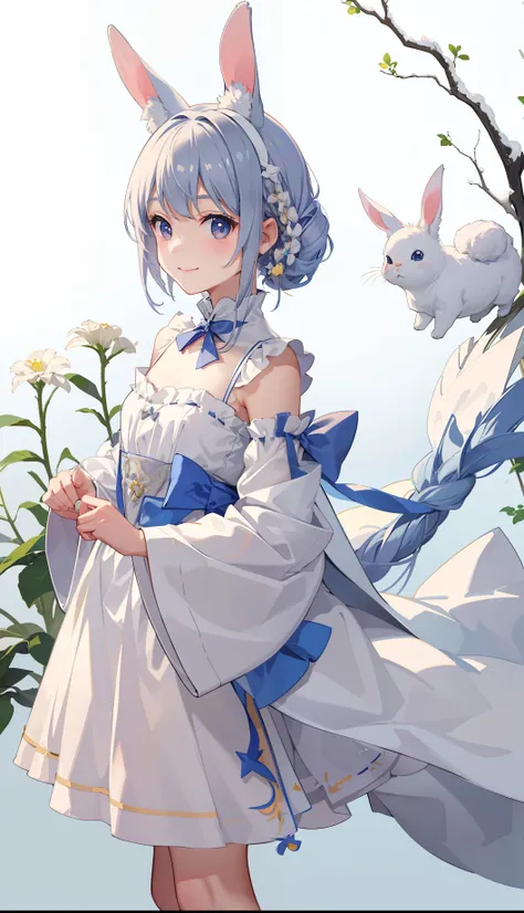 1girl in、A smile、robe blanche、round tail、Rabbit long ears、Rabbit-like、Cute little girl s、Rabbit Girl、