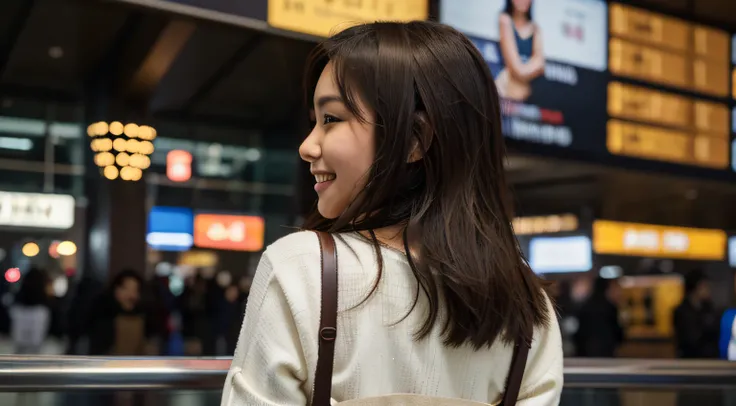 Best quality, 8k, masterpiece: 1.3), a beautiful Asian womans back with dark brown hair, smiling, inside an airport, bright nightlights, Nikon D850 DSLR 4k camera, 100mm lens, F 1.2 aperture setting, bright and natural lighting, vibrant, relaxing atmospher...