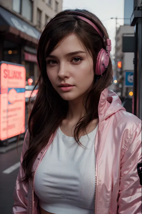 a woman wearing headphones and a pink jacket, a photorealistic painting by Alexander Kucharsky, cgsociety, photorealism, ilya kuvshinov, daz3d, photorealistic