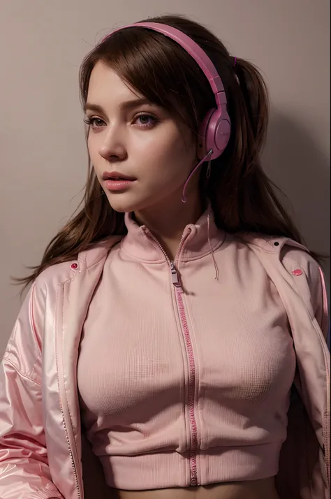 a woman wearing headphones and a pink jacket, a photorealistic painting by Alexander Kucharsky, cgsociety, photorealism, ilya kuvshinov, daz3d, photorealistic