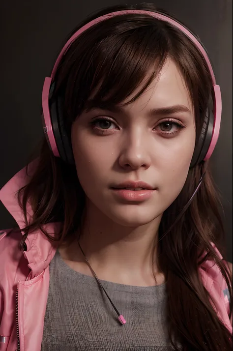 a woman wearing headphones and a pink jacket, a photorealistic painting by Alexander Kucharsky, cgsociety, photorealism, ilya kuvshinov, daz3d, photorealistic