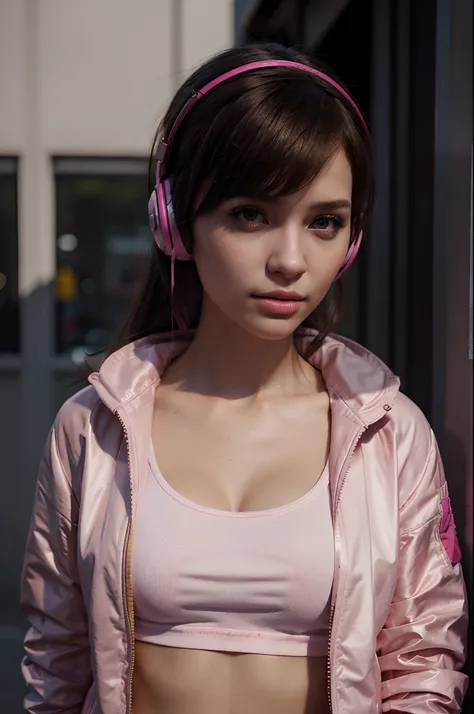 a woman wearing headphones and a pink jacket, a photorealistic painting by Alexander Kucharsky, cgsociety, photorealism, ilya kuvshinov, daz3d, photorealistic