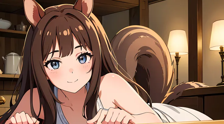 (1 squirrel eared girl, without human ears),(beautiful eyes finely detailed, Face to detail, brown hair, long hair), wearing long dress, twerking pose to you, seductive facial expression, smiling with teeth, blush on her face, at the kitchen, camera angle ...