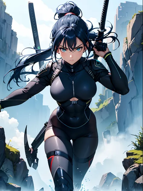 best quality, masterpiece, highres, 1girl, female ninja, blue hair, medium hair, ponytail, green eyes, tight black bodysuit, armored, holding sword, full body shot, solo