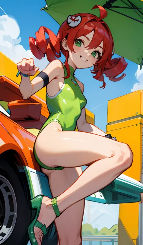 (Super Glossy Cola Green Kratex Leotard Swimsuit:1.3) , Ultra tight fit swimsuit with super reflective surface,Walking,Beautiful legs, Resistant to swimsuits,GT Circuit.nffsw.Car Racing Girls ,circuit.nffsw.Car Race Gar,(GT Toyota Supra&Puyo Puyo)(circuit....