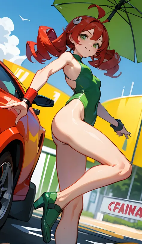 (Super Glossy Cola Green Kratex Leotard Swimsuit:1.3) , Ultra tight fit swimsuit with super reflective surface,Walking,Beautiful legs, Resistant to swimsuits,GT Circuit.nffsw.Car Racing Girls ,circuit.nffsw.Car Race Gar,(GT Toyota Supra&Puyo Puyo)(circuit....