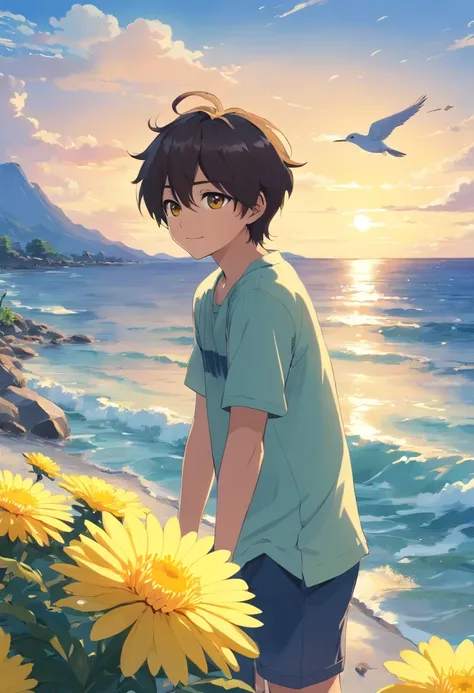 Boy Anime Cute Shy, Big eyes, Smile,  17 age, Yellow chrysanthemum short sleeves, black bangs, Environments with the cloud, Bird, By the sea