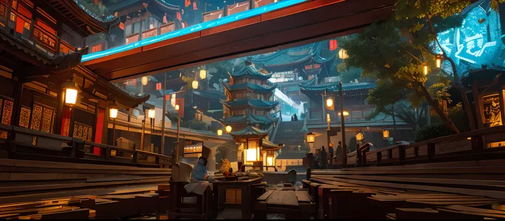 A combination of cyberpunk and antiquity，The Tang Dynasty architecture was used to form a prosperous era，Use cyberpunk lighting effects，Plus more lighting effects