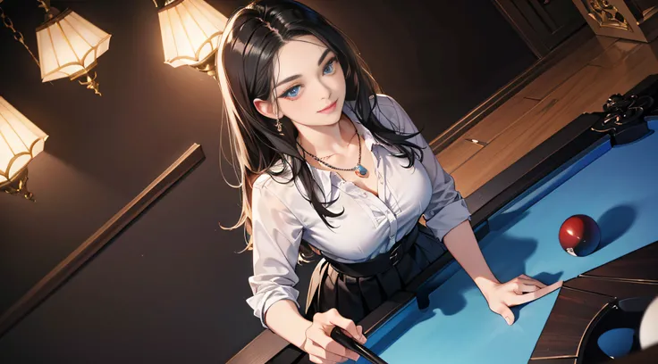 tmasterpiece, Best Picture Quality, Super meticulous, Gorgeous billiards room, A girl with black hair and blue eyes in a sexy short skirt, She sits beautifully on a pool table, With a club in his hand, large perspectives, The light from the rear window is ...