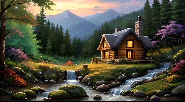 painting of a cabin in a mountain stream with a waterfall, children play around cabin,  4 k oil painting, beautiful oil matte painting, oil painting 4 k, oil painting 4k, cottage in the forest, beautiful oil painting on canvas, beautiful digital painting, ...