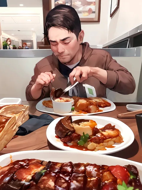 there is a man sitting at a table with a plate of food, comer carne, Comer, Mukbang, lambendo para fora, 2 0 2 2 foto, Tomado com Sony Alpha 9, the table is full of food, delicioso, closeup na comida, taken in the early 2020s, Outback, imagem empilhada, pe...