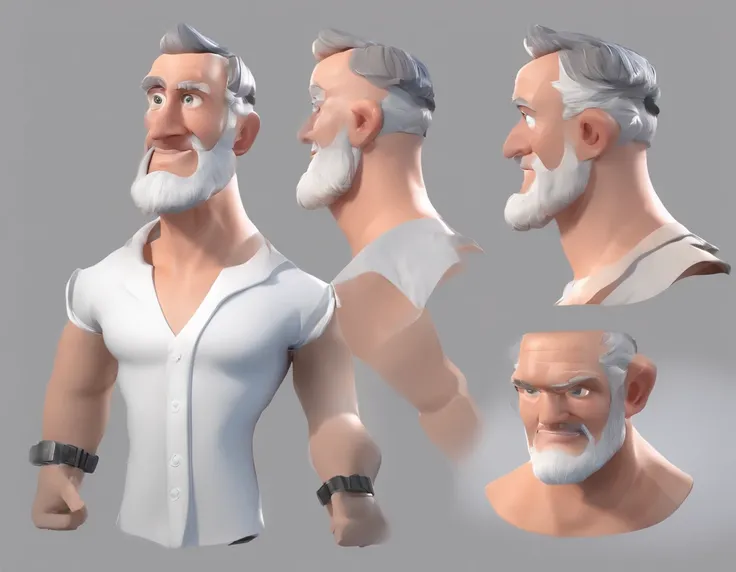 white shirt man Head Animated Character, character style sheet,