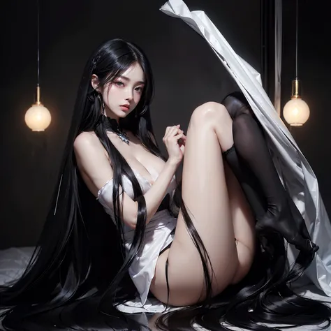 (Top image quality、top-quality、Top resolution、hyper realistic photography、Full body photo、​masterpiece、16ｋ、）1girl in、Surprisingly long black hair is super beautiful、hair length about 3 meters、White underwear or naked、Hide the whole body with straight black...