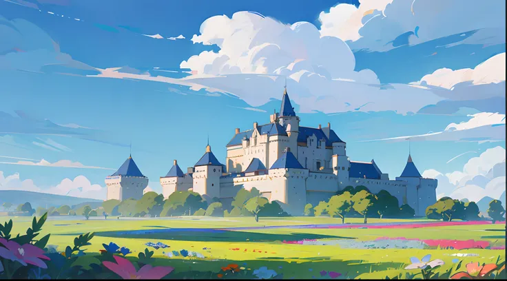 Colorful cartoon castle in the middle of the meadow，with blue sky and white clouds，with flowers and plants