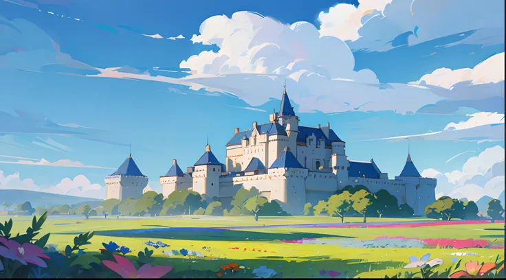 Colorful cartoon castle in the middle of the meadow，with blue sky and white clouds，with flowers and plants