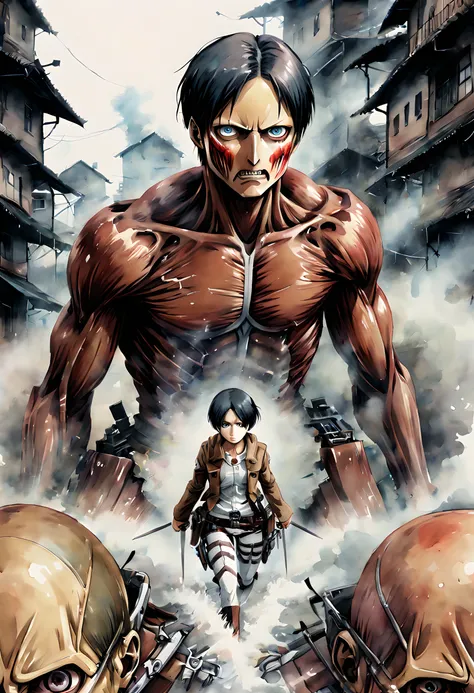 (Attack on Titan:1.5), (ink and watercolor painting:1.5), (Tasteful:1.5), (ink and watercolor painting:1.5), (full color:1.5), 8k, 4k, (magic:1.5), (dripping paint;1.5), dynamic,