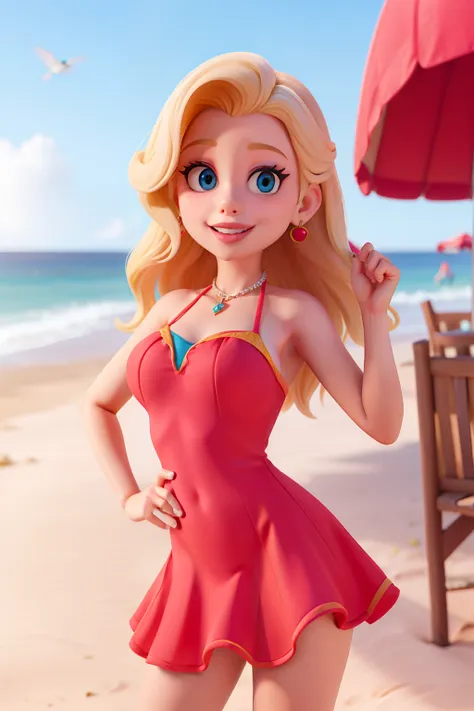 mulher blonde, praia, sbikini, decote, vaidosa, vestido rosa, batom vermelho, large lips, uma personagem alegre no estilo disney...