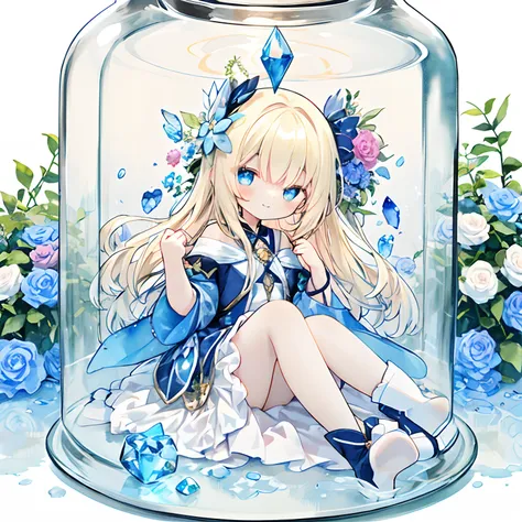 Fairy feathers on the back：1.9，Transparent watercolor,girl,Jewel Eyes,Beautiful arrangements and motifs,Pink、A slight smil、 Colorful, Girl Summoning Flowers from a Glass Jar, In a room made of crystal, Light blue and azure, Long hair, magical little girl, ...