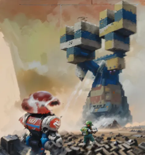 pintura de um robo com cores vermelha e azul, um labirinto com formato de tetris, e uma piramide gigante feita de tetris, pintura super detalhada, pintura sem desfoque, inspirado em Chris Foss, pintura de fantasia, Chris Foss, arte de videogame, inspirado ...