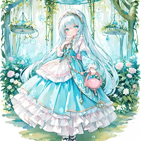 Fairy feathers on the back：1.9，Transparent watercolor,girl,Jewel Eyes,Beautiful arrangements and motifs,Pink、A slight smil、 a girl in alice in wonderland style, nefesia yyjyahwbi f princess tutu ms, in the style of victorian-era clothing, dreamlike motifs,...