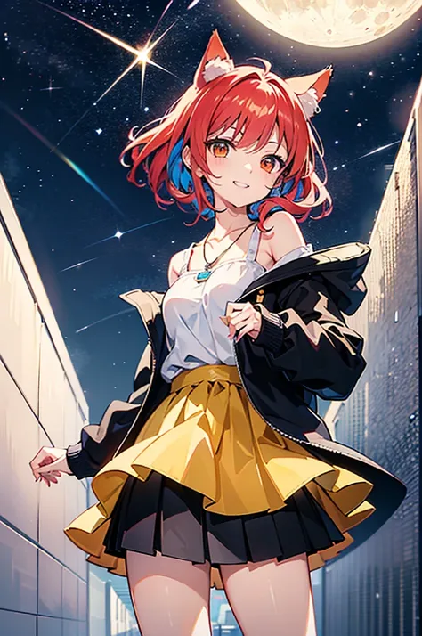 scarlet colored hair、cat ear、Orange eyes、Eyes topaz color、hair pin、Twin-tailed、The shirt、parka、a short skirt、a necklace、double tooth、sparking eyes、birthday、Lots of gifts、smile、takeout、shooting stars、milkyway、a moon、Seductive Anime Girl, anime style 4 k, be...