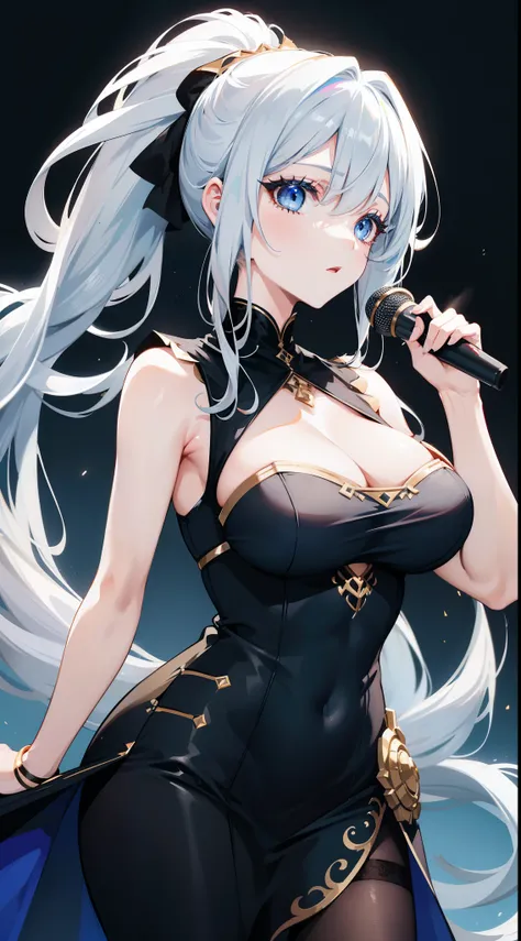 Grown-up girl, Long white hair, high ponytail, blue eyes, blue eye shadow, blue lipstick, black tight dress, Rich dress, Sleeveless, open breasts, Gold Elements, singing, Opera, Masterpiece, hiquality, 4k, HD, Good detail