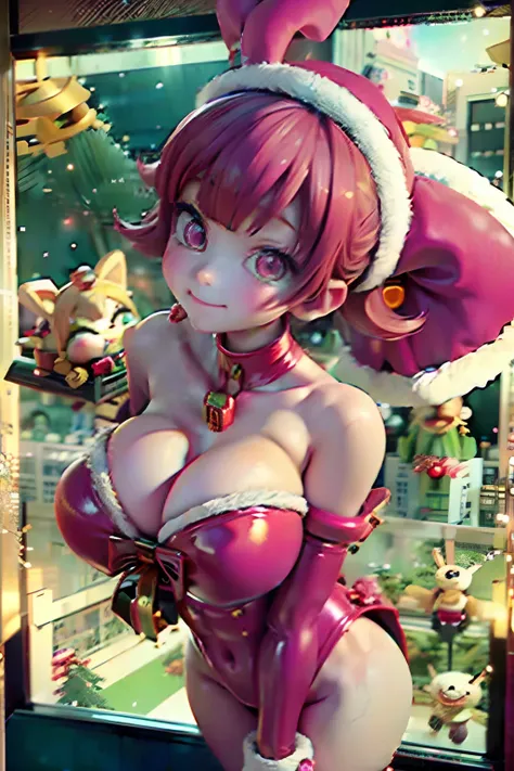 ​masterpiece、top-quality、hight resolution、1beautiful girl、20yr old、Baby Face、full body Esbian、From Side、mechs、Mecha Santa Claus Girl、Red body color、Body in Christmas colors、Santa hat with rabbit ears、Christmas wreath hair ornament、big eye、kawaii eyes、a pur...