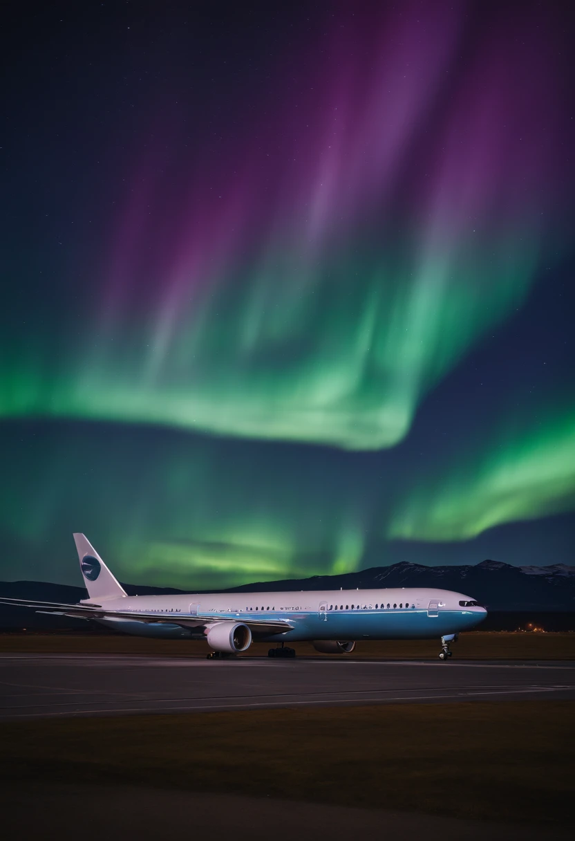 Jumbo jets flying under the Northern Lights、Magnificent Northern Lights、Shining Northern Lights、Aurora Borealis in 7 colors、Iridescent Northern Lights、Curtains of the Northern Lights、Jumbo Jet 777 is flying