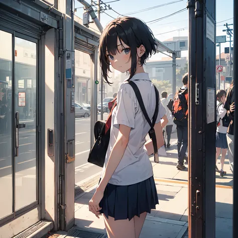 Portrait, Documentary, Photo, A 13-year-old gender-neutral middle school student with short black hair and flat chest, walking on the school commute route with a tired expression, Short hair, School uniform, Skirt,  School commute route, High quality, Real...