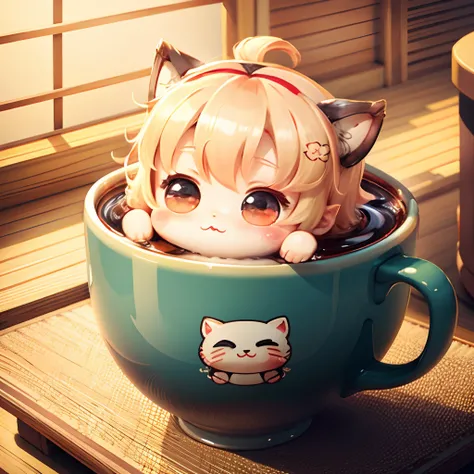 Cute chibi anime in a cup, wear kimono, drink tea, logo