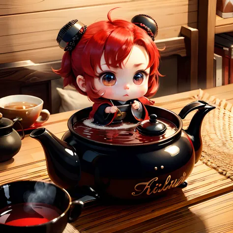 Cute baby chibi anime, black and red kimono, sit in the teapot thank you note