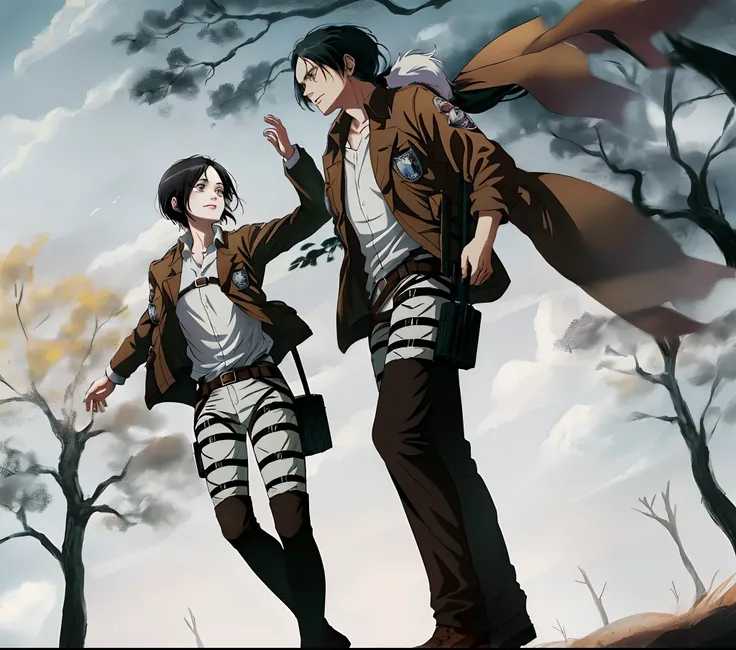 high resolution, sharp, anime, Attack on Titan, Eren Yeager, masculine, 6 feet, blue eyes, short brown hair, muscular, holding a girl, (a girl, 18 years old, 5 3 feet , long white hair, purple eyes) smile, late afternoon sky, trees, full body perspective.